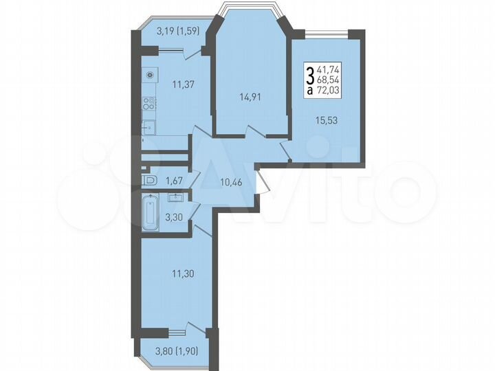 3-к. квартира, 72 м², 10/22 эт.