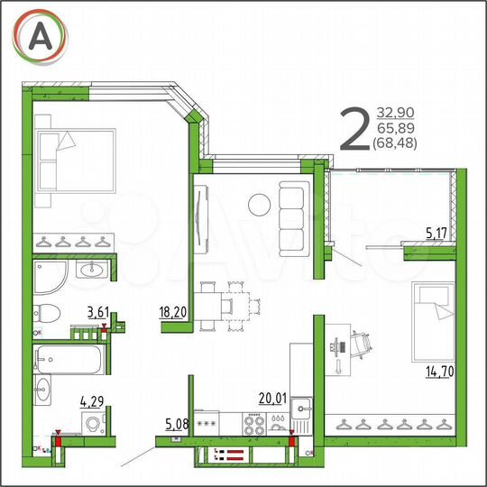 2-к. квартира, 68,5 м², 5/16 эт.