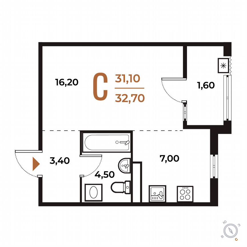 Квартира-студия, 32,7 м², 3/8 эт.