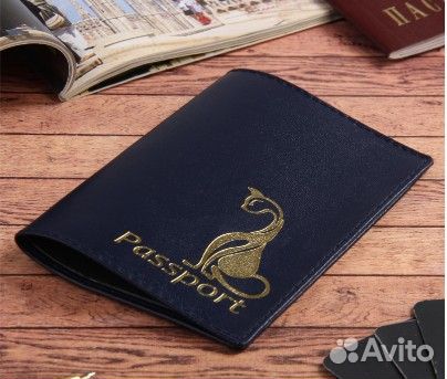 Обложка для паспорта Кошка кожа синий Россия