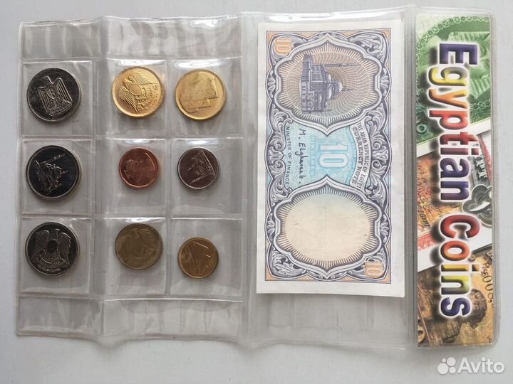 Набор монет и купюра Египта в блистере