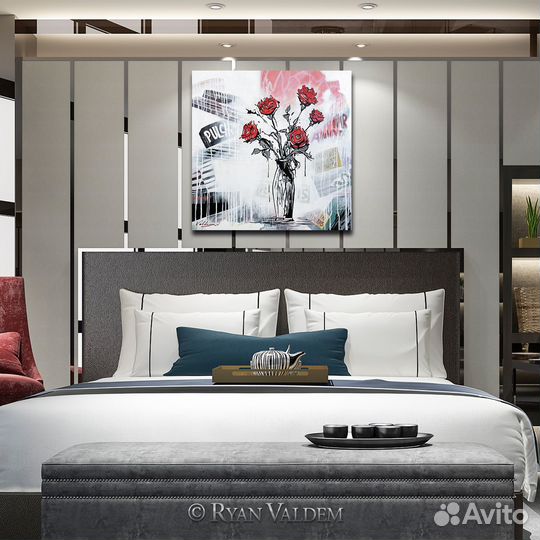 Современная картина, Пять роз, 80х80см, цветы