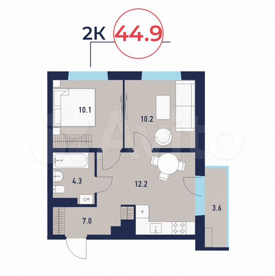 2-к. квартира, 44,9 м², 12/16 эт.
