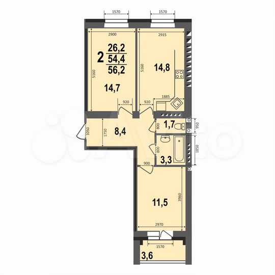 2-к. квартира, 56,2 м², 4/5 эт.