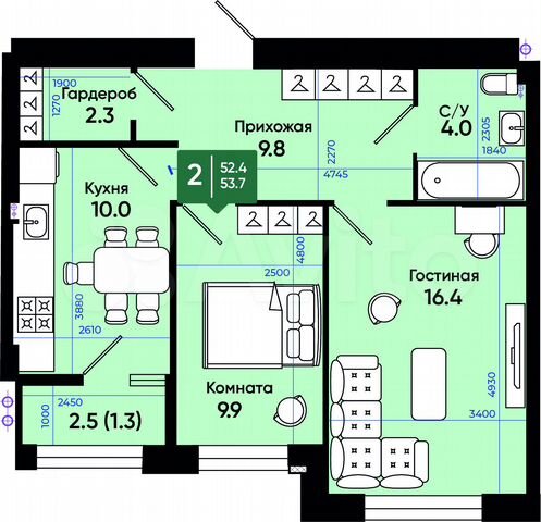 2-к. квартира, 53,7 м², 3/3 эт.