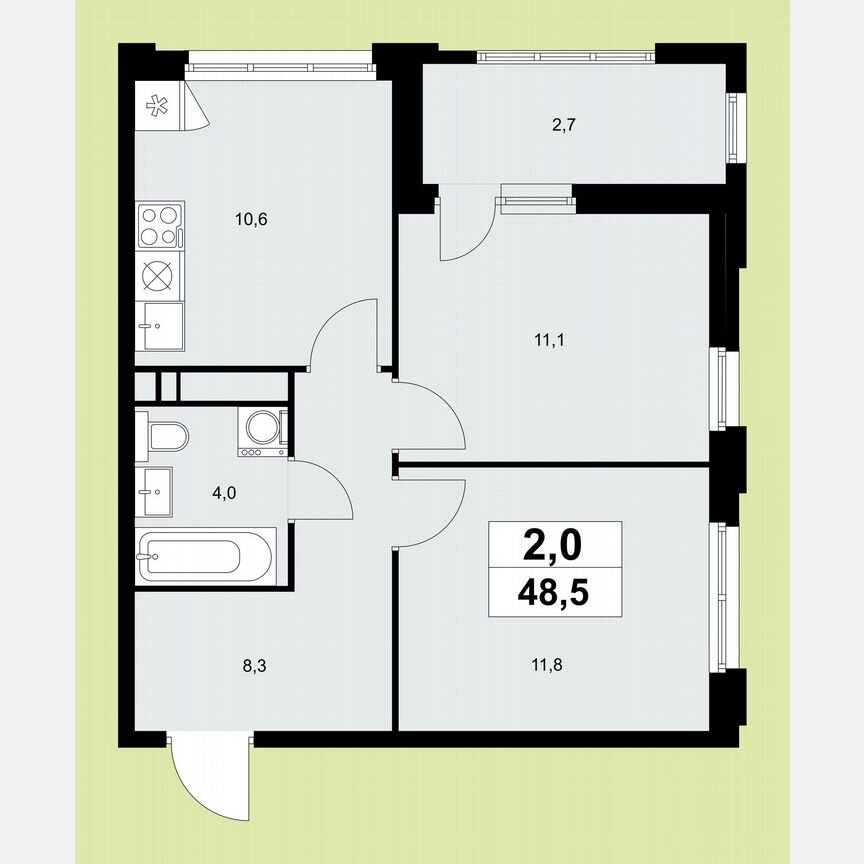 2-к. квартира, 48,5 м², 11/16 эт.