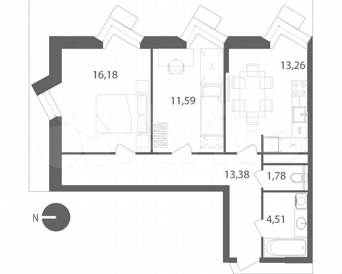 2-к. квартира, 60,7 м², 13/21 эт.