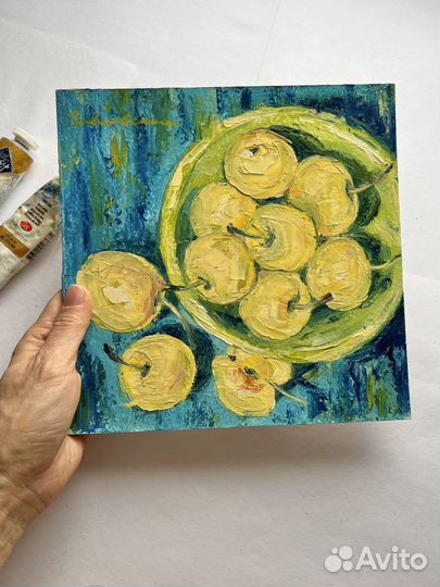Картина маслом натюрморт с яблоками, 20/20 см