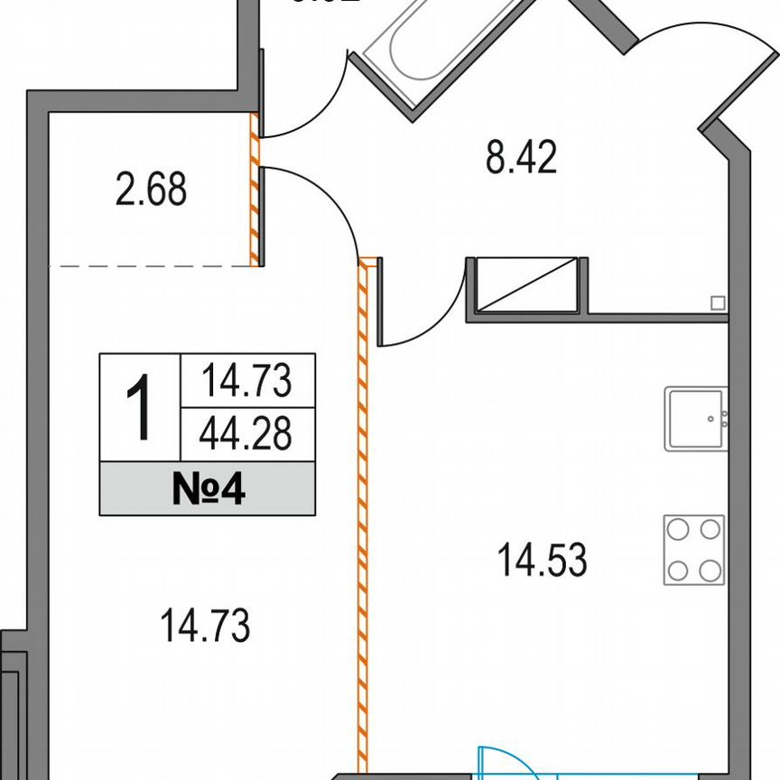 1-к. квартира, 44,3 м², 2/25 эт.