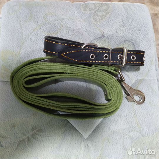 Ошейник кожаный с брезентовым поводком для собак