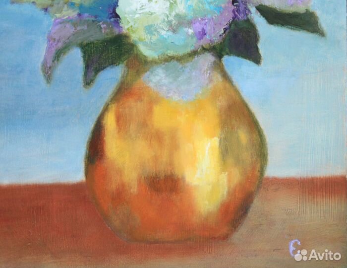 Картина маслом цветы гортензия в золотой вазе