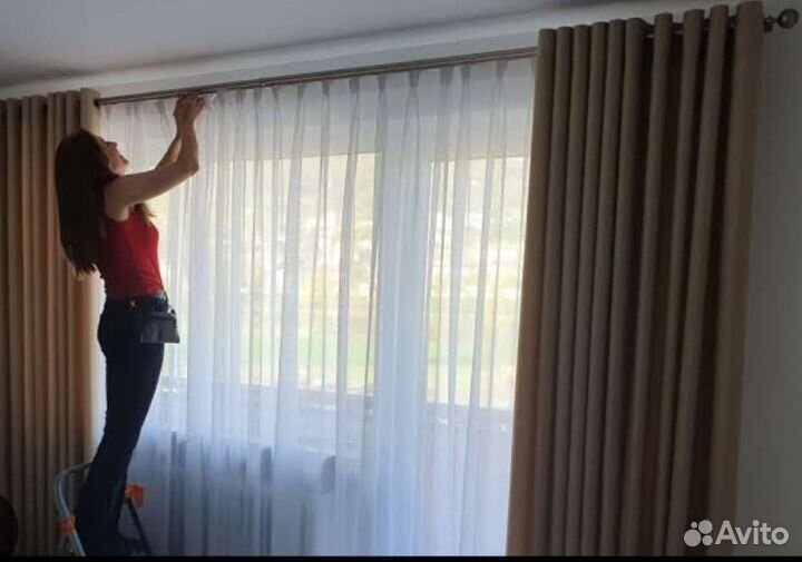 Стирка штор, химчистка штор, повеска штор