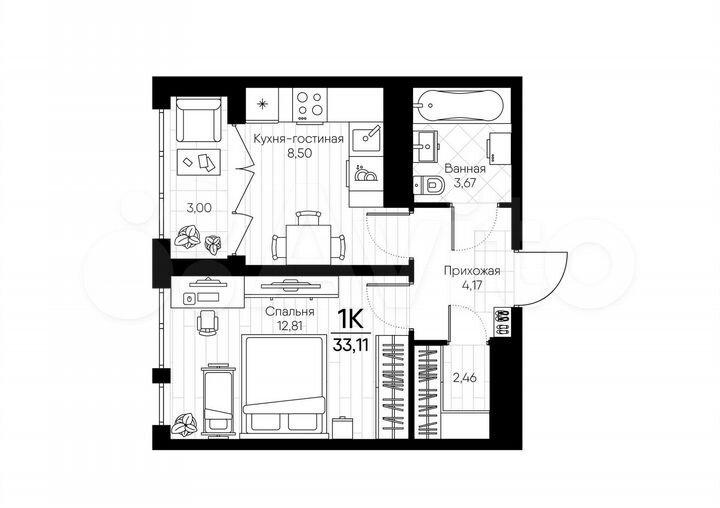1-к. квартира, 33,1 м², 10/18 эт.