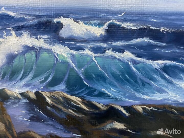 Волна у камней. Картина маслом