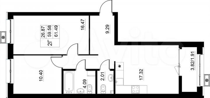 2-к. квартира, 61,5 м², 13/15 эт.