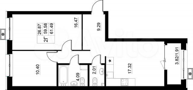 2-к. квартира, 61,5 м², 13/15 эт.