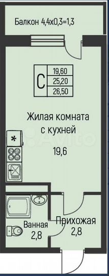 Квартира-студия, 26,5 м², 2/2 эт.