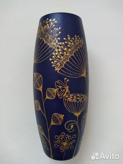 Темно-синяя ваза с ручной росписью (hand-made)