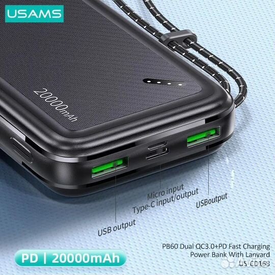 Power bank usams US-CD168 QC3.0+PD FC 20000 mAh BK