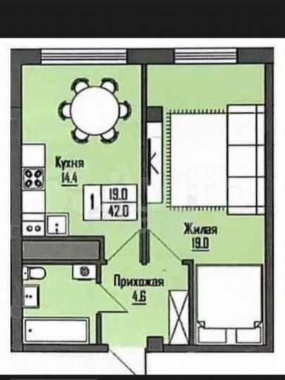 Своб. планировка, 42 м², 6/12 эт.