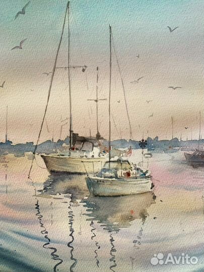 Картина акварель морской пейзаж лодки