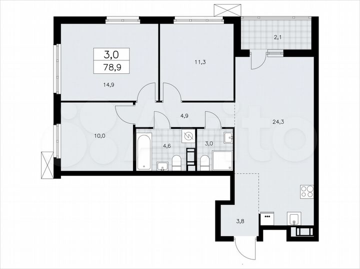 3-к. квартира, 78,9 м², 3/9 эт.