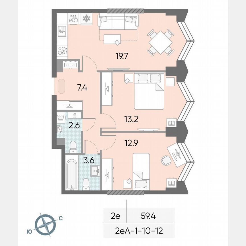 2-к. квартира, 59,4 м², 10/43 эт.