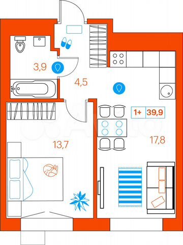 1-к. квартира, 39,9 м², 4/21 эт.