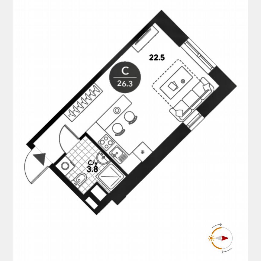 Апартаменты-студия, 26,3 м², 4/19 эт.