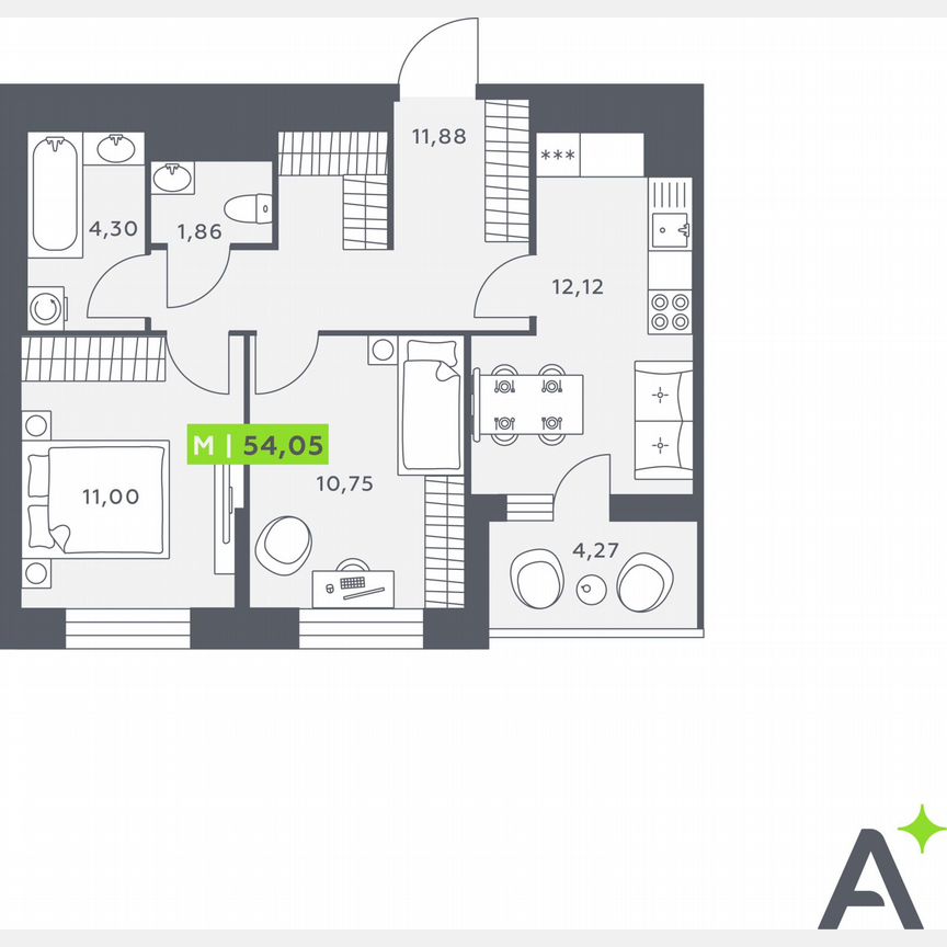 2-к. квартира, 54,1 м², 1/12 эт.