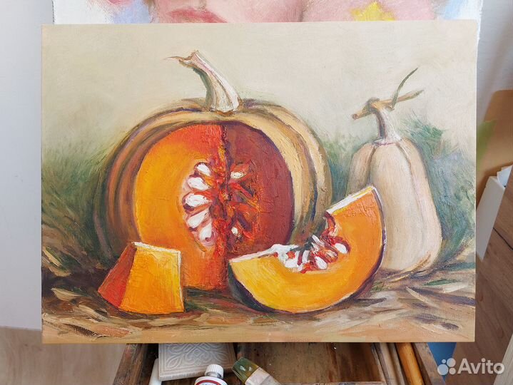 Картина Тыквы осенний натюрморт живопись в подарок