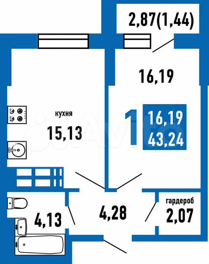 1-к. квартира, 43 м², 8/24 эт.