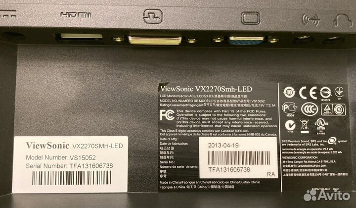 Монитор viewsonic 22 fhd безрамочный