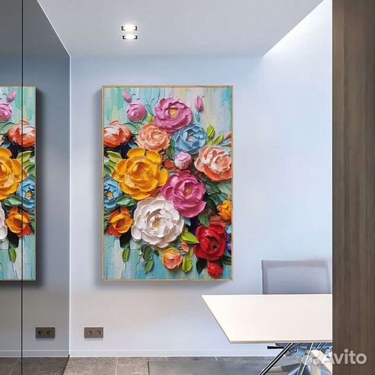 Яркая текстурная картина маслом объёмные цветы