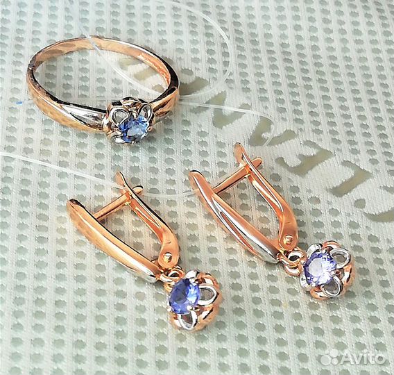 Серьги, кольцо серебро танзанит разм.17,5 С144