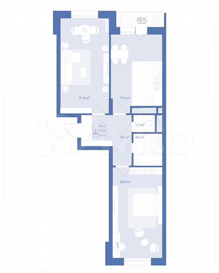 3-к. квартира, 76,3 м², 5/21 эт.