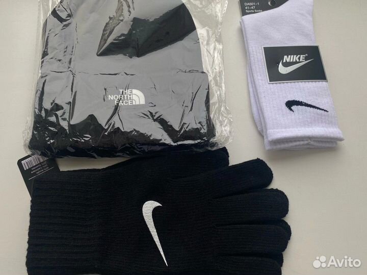 Зимний Комплект 3В1 Шапка TNF и перчатки nike