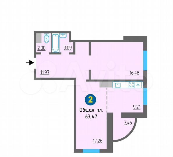 2-к. квартира, 62,6 м², 2/10 эт.
