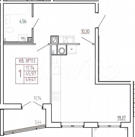1-к. квартира, 49,4 м², 2/9 эт.