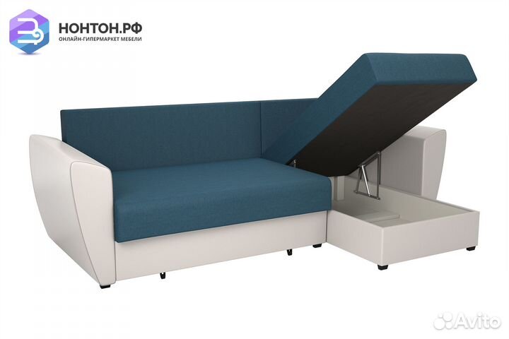 Диван угловой выкатной София синий / белый