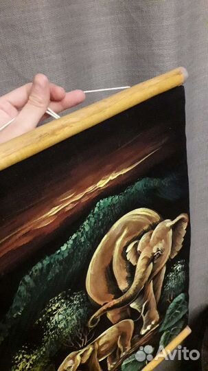 Картина, свиток, слоны, маслом на бархате