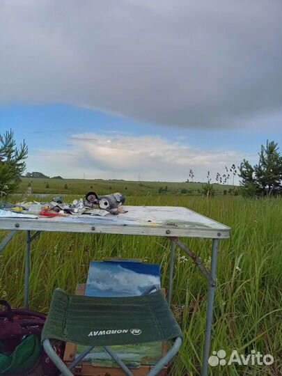 Картина маслом на холсте пейзаж поле озеро сосна