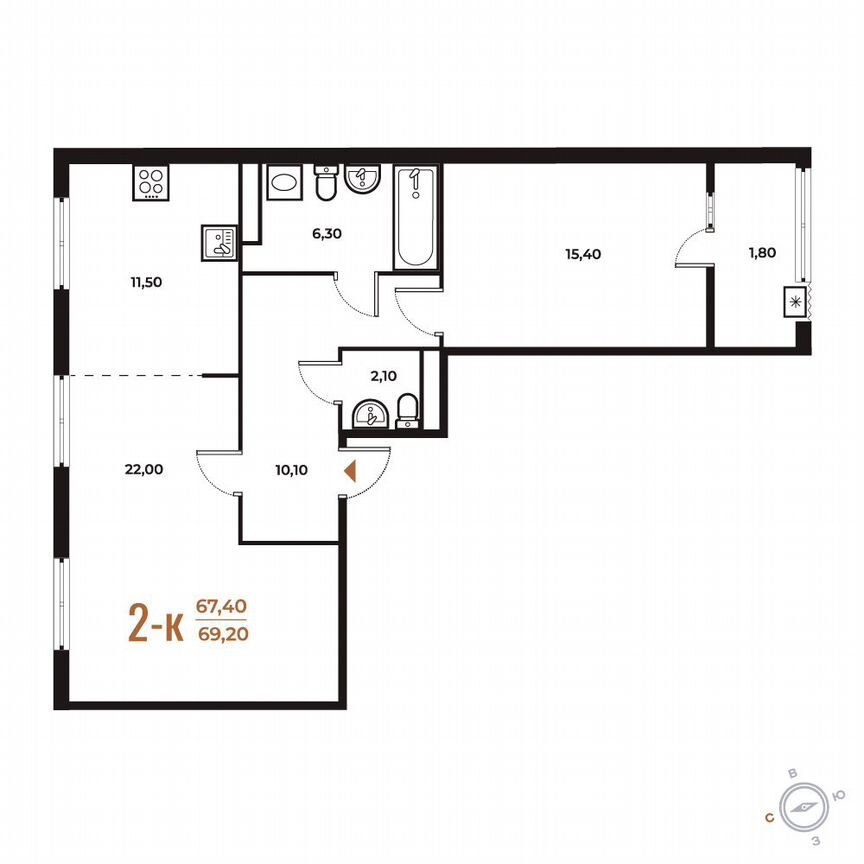 2-к. квартира, 69,2 м², 4/8 эт.