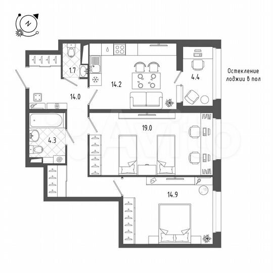 2-к. квартира, 70,5 м², 8/10 эт.
