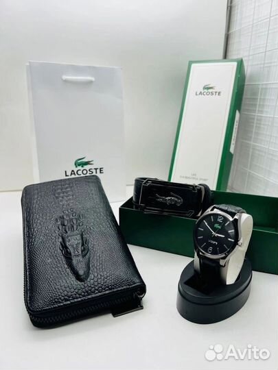 Мужской набор Lacoste часы, клатч и ремень