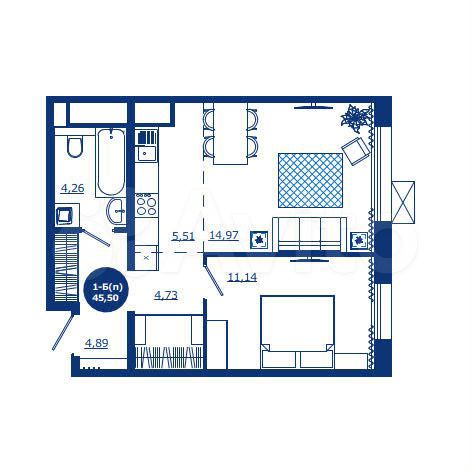 1-к. квартира, 45,5 м², 5/17 эт.