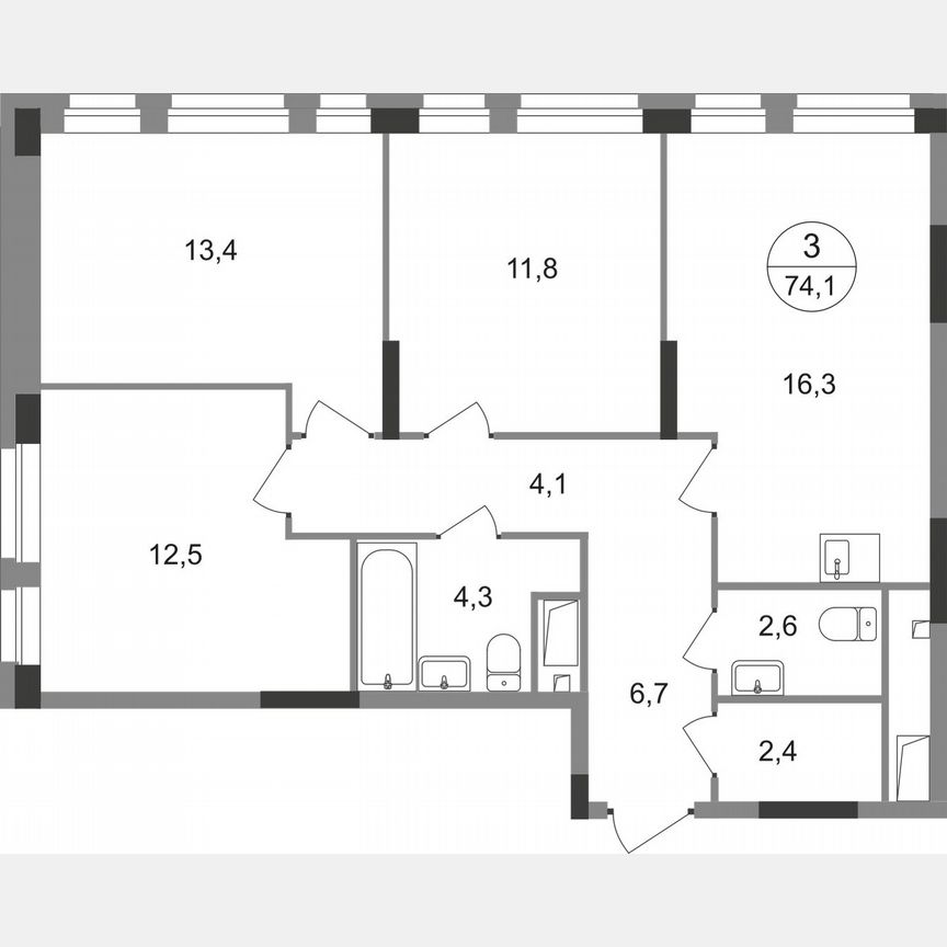 3-к. квартира, 74,1 м², 7/19 эт.