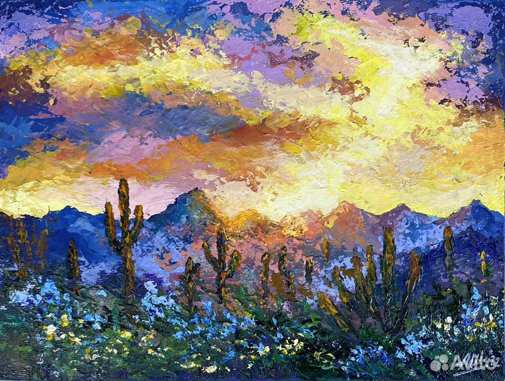 Картина пустыня кактусы Горный пейзаж Этюд закат