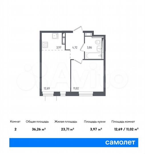 2-к. квартира, 36,3 м², 9/11 эт.
