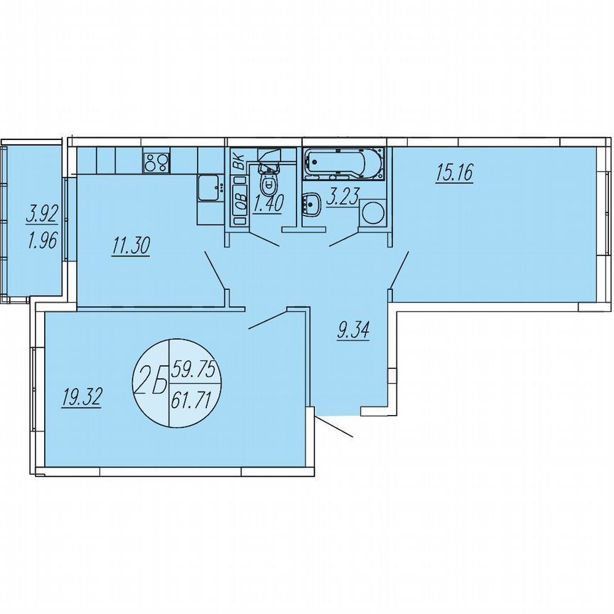 2-к. квартира, 61,7 м², 3/4 эт.